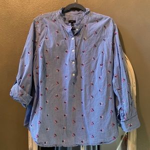Talbots blue and white gingham with link flowers shirt.